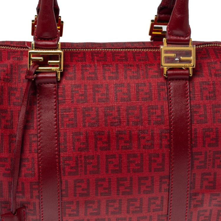 Pre Owned Fendi Red Zucchino Coated Canvas and Leather Small Forever Bauletto Boston Bag