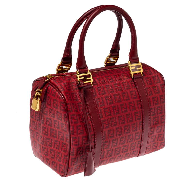 Pre Owned Fendi Red Zucchino Coated Canvas and Leather Small Forever Bauletto Boston Bag