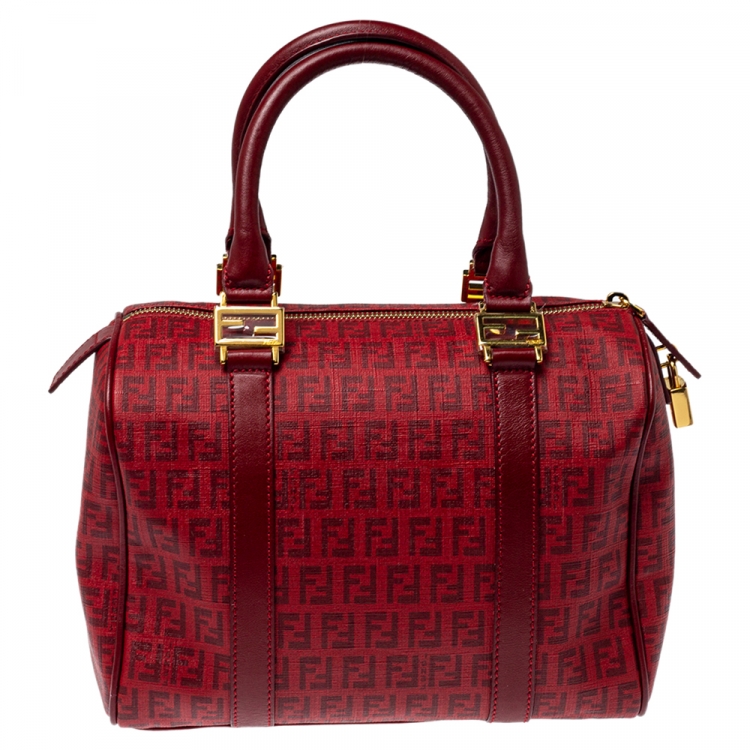 Pre Owned Fendi Red Zucchino Coated Canvas and Leather Small Forever Bauletto Boston Bag