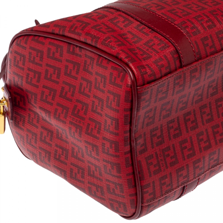 Pre Owned Fendi Red Zucchino Coated Canvas and Leather Small Forever Bauletto Boston Bag