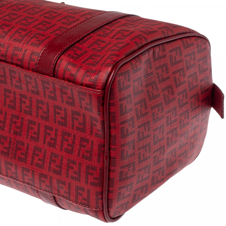 Pre Owned Fendi Red Zucchino Coated Canvas and Leather Small Forever Bauletto Boston Bag