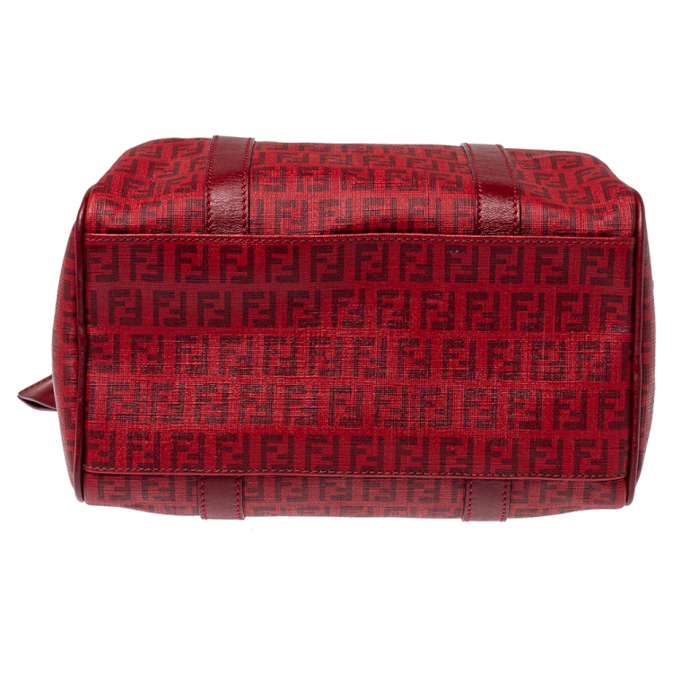 Pre Owned Fendi Red Zucchino Coated Canvas and Leather Small Forever Bauletto Boston Bag