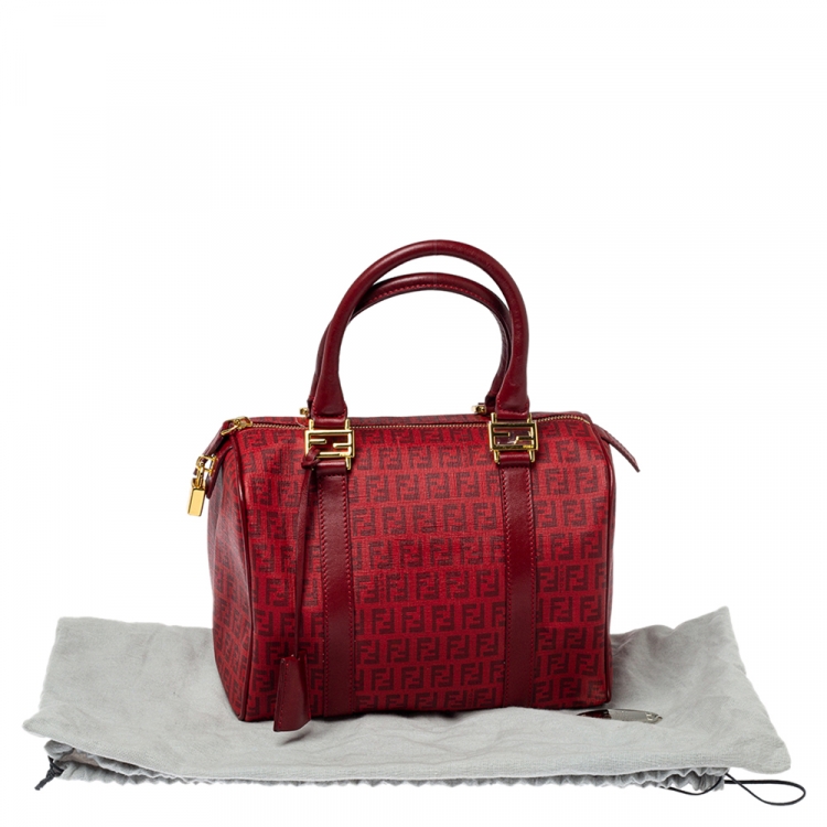 Pre Owned Fendi Red Zucchino Coated Canvas and Leather Small Forever Bauletto Boston Bag