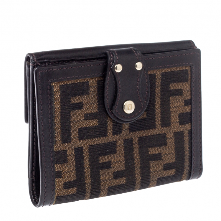 Pre Owned Fendi Tobacco Zucca Canvas and Leather Compact Wallet