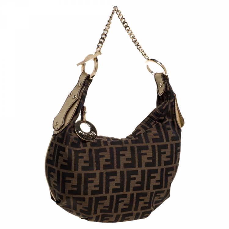 Pre Owned Fendi Brown Zucca Canvas And Leather Zucca Chef Chain Hobo Bag