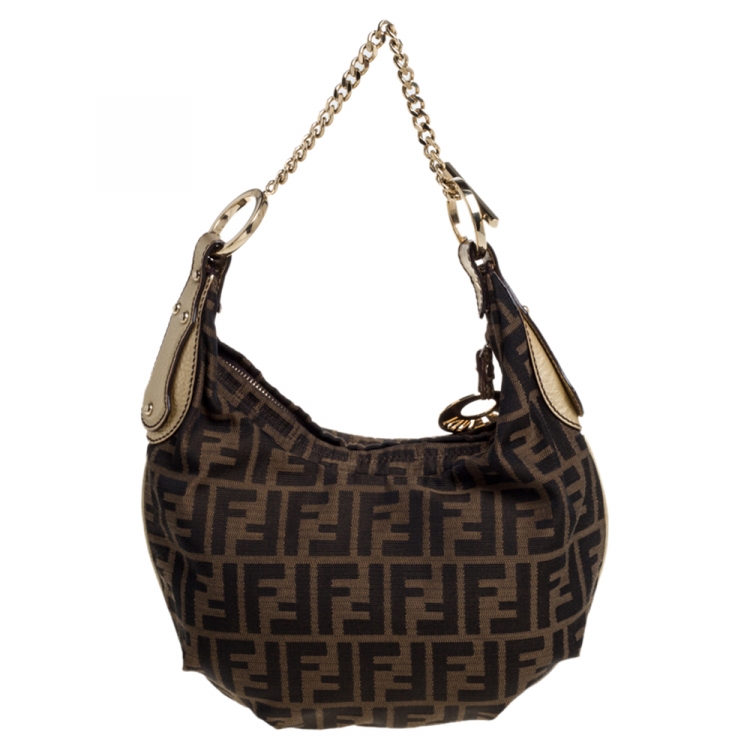 Pre Owned Fendi Brown Zucca Canvas And Leather Zucca Chef Chain Hobo Bag