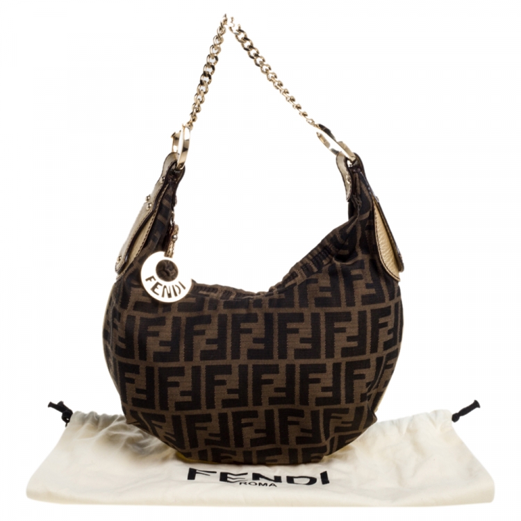 Pre Owned Fendi Brown Zucca Canvas And Leather Zucca Chef Chain Hobo Bag
