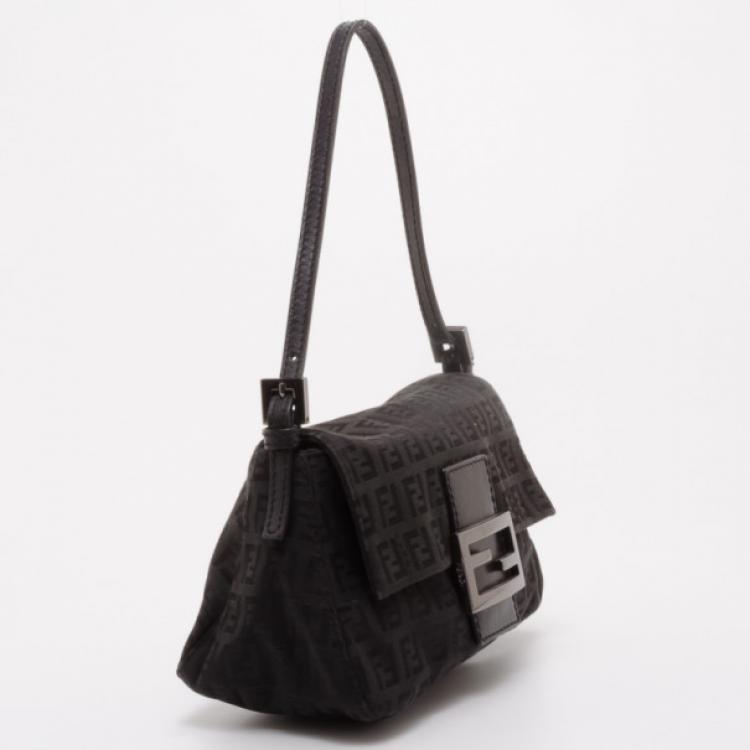 Pre Owned Fendi Black Zucchino Mini Baguette Bag