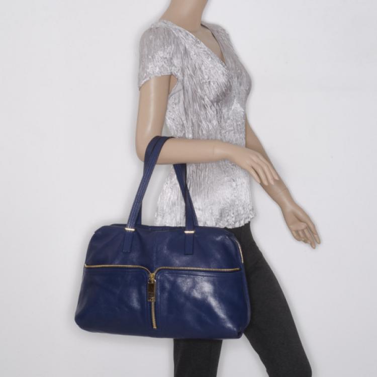 Pre Owned Fendi Blue Leather Zip Front Pocket Satchel