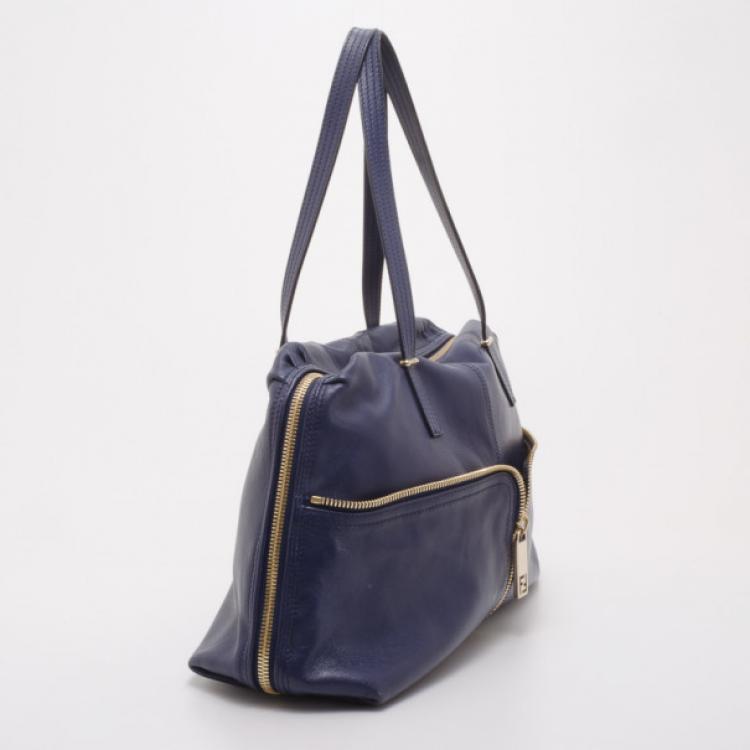 Pre Owned Fendi Blue Leather Zip Front Pocket Satchel