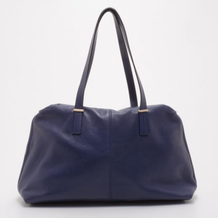 Pre Owned Fendi Blue Leather Zip Front Pocket Satchel