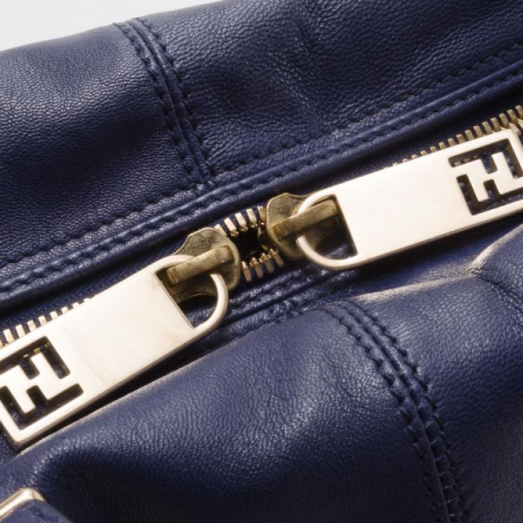Pre Owned Fendi Blue Leather Zip Front Pocket Satchel