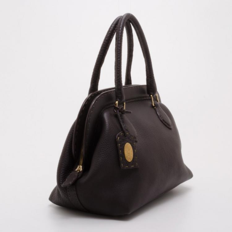 Pre Owned Fendi Brown Leather Selleria Framed Satchel Handbag