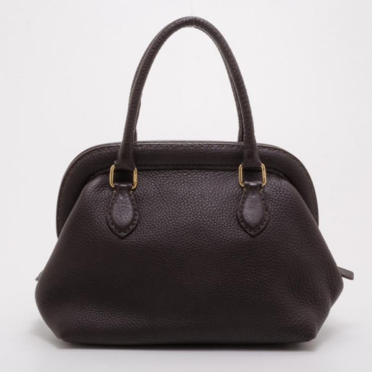 Pre Owned Fendi Brown Leather Selleria Framed Satchel Handbag
