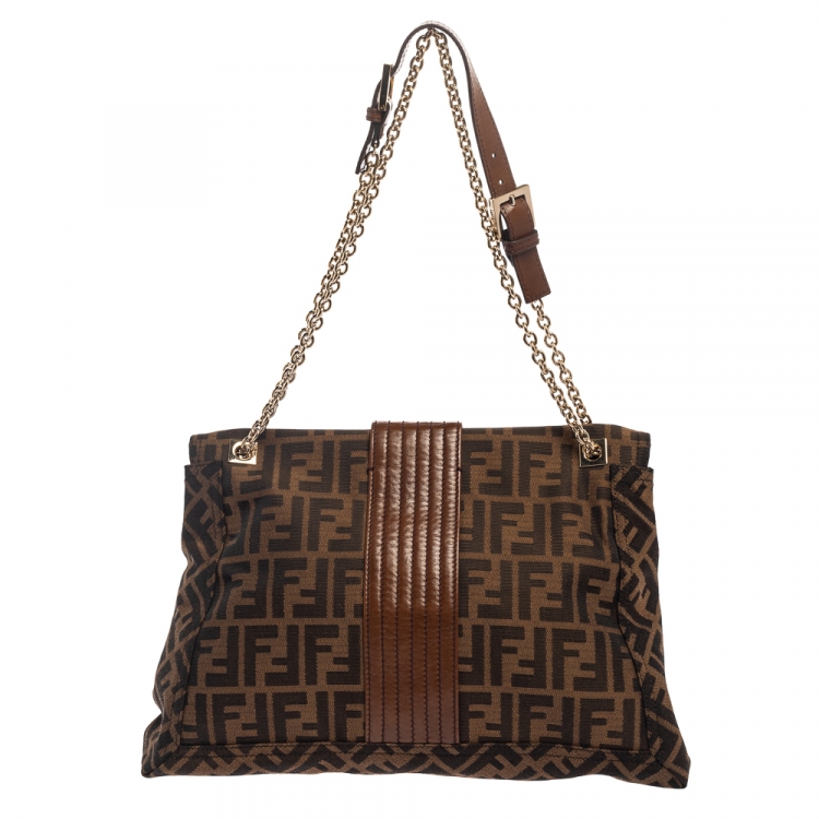 Pre Owned Fendi Tobacco Zucca Canvas and Leather Maxi Baguette Flap Shoulder Bag
