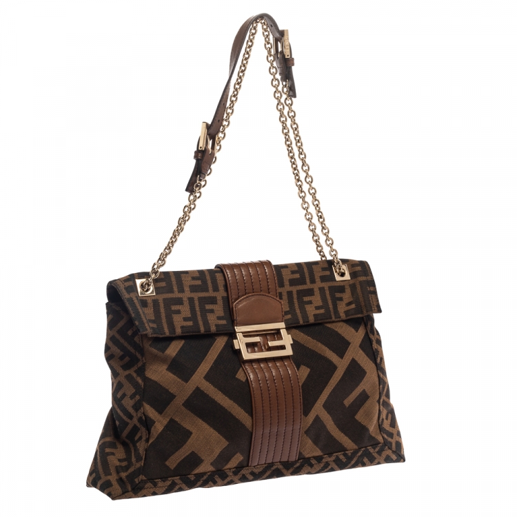 Pre Owned Fendi Tobacco Zucca Canvas and Leather Maxi Baguette Flap Shoulder Bag