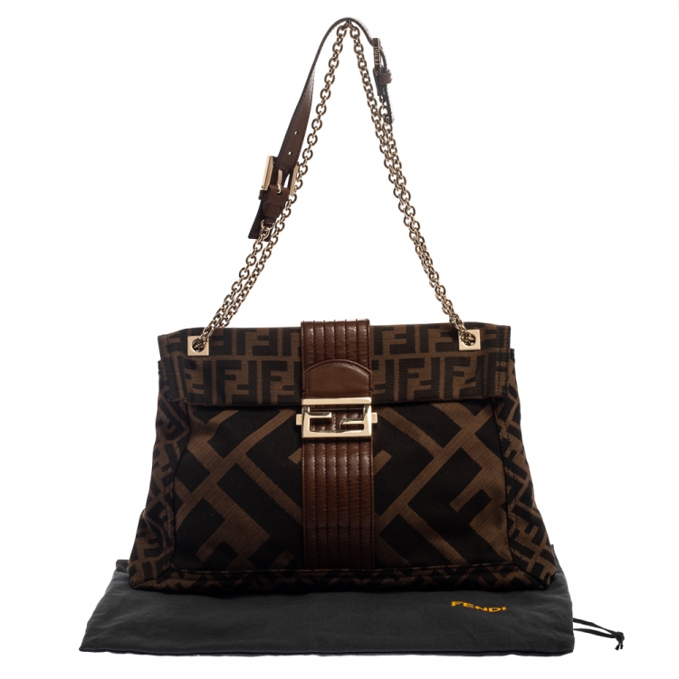 Pre Owned Fendi Tobacco Zucca Canvas and Leather Maxi Baguette Flap Shoulder Bag