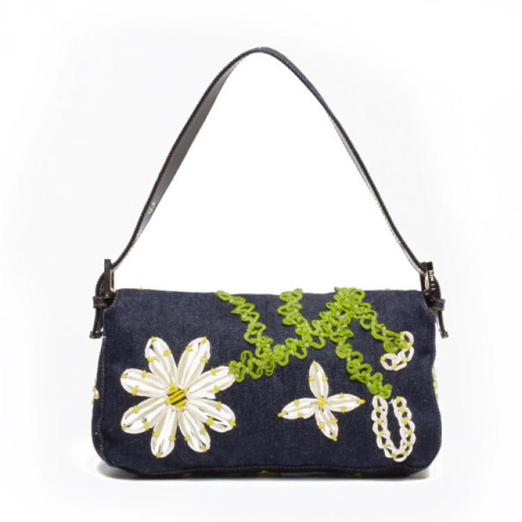 Pre Owned Fendi Daisy Embroidered Denim Baguette 