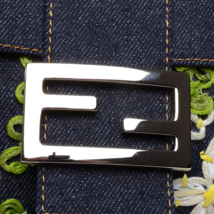 Pre Owned Fendi Daisy Embroidered Denim Baguette 