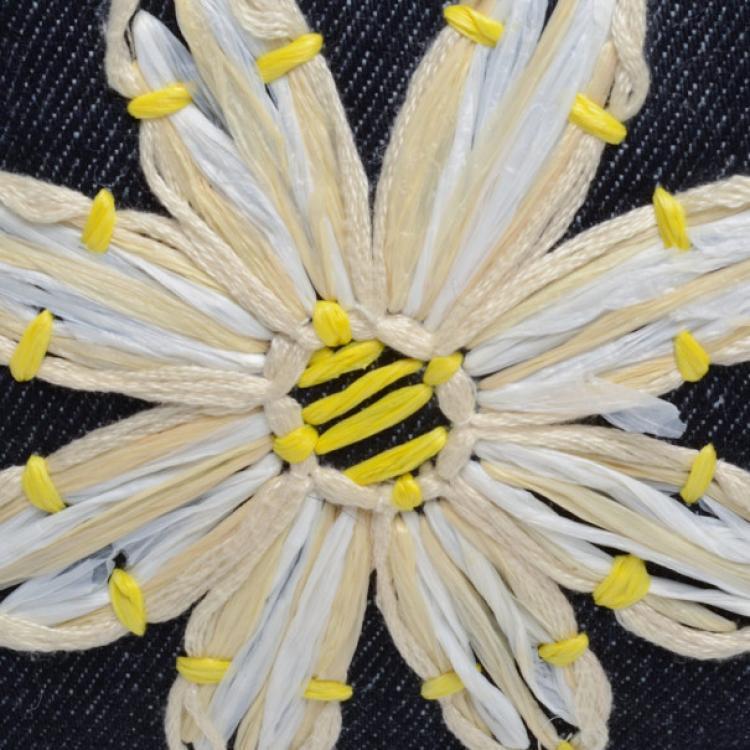 Pre Owned Fendi Daisy Embroidered Denim Baguette 