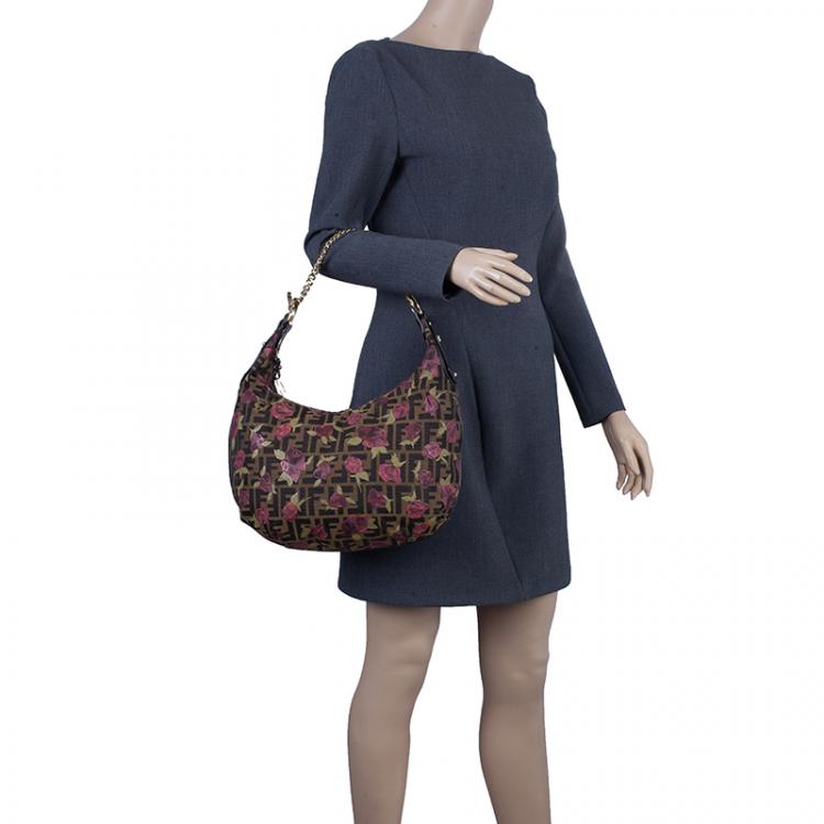 Pre Owned Fendi Brown Canvas Rose Print Zucca Chef Chain Hobo 