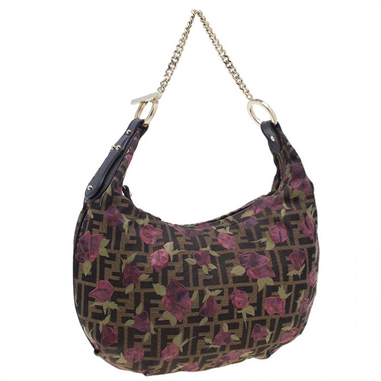 Pre Owned Fendi Brown Canvas Rose Print Zucca Chef Chain Hobo 
