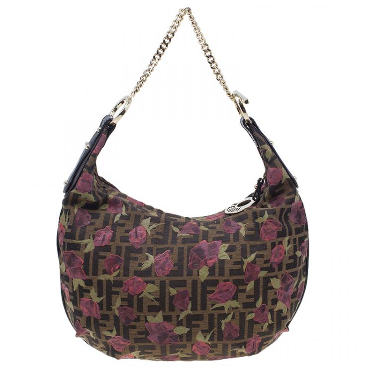 Pre Owned Fendi Brown Canvas Rose Print Zucca Chef Chain Hobo 