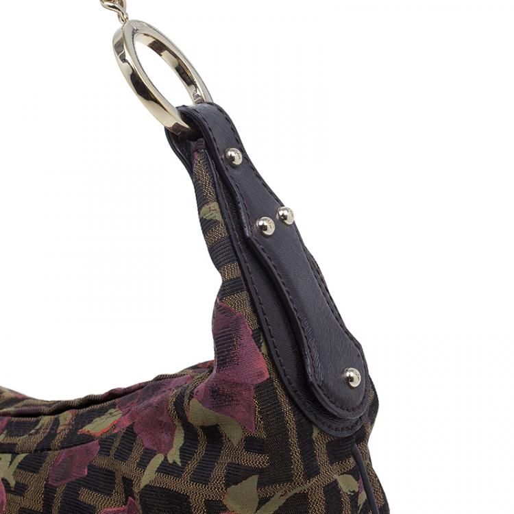 Pre Owned Fendi Brown Canvas Rose Print Zucca Chef Chain Hobo 