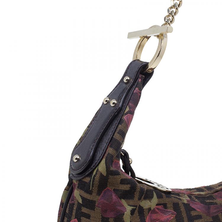 Pre Owned Fendi Brown Canvas Rose Print Zucca Chef Chain Hobo 