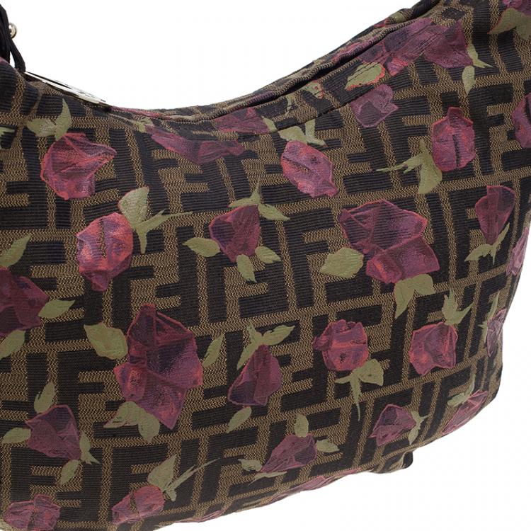Pre Owned Fendi Brown Canvas Rose Print Zucca Chef Chain Hobo 
