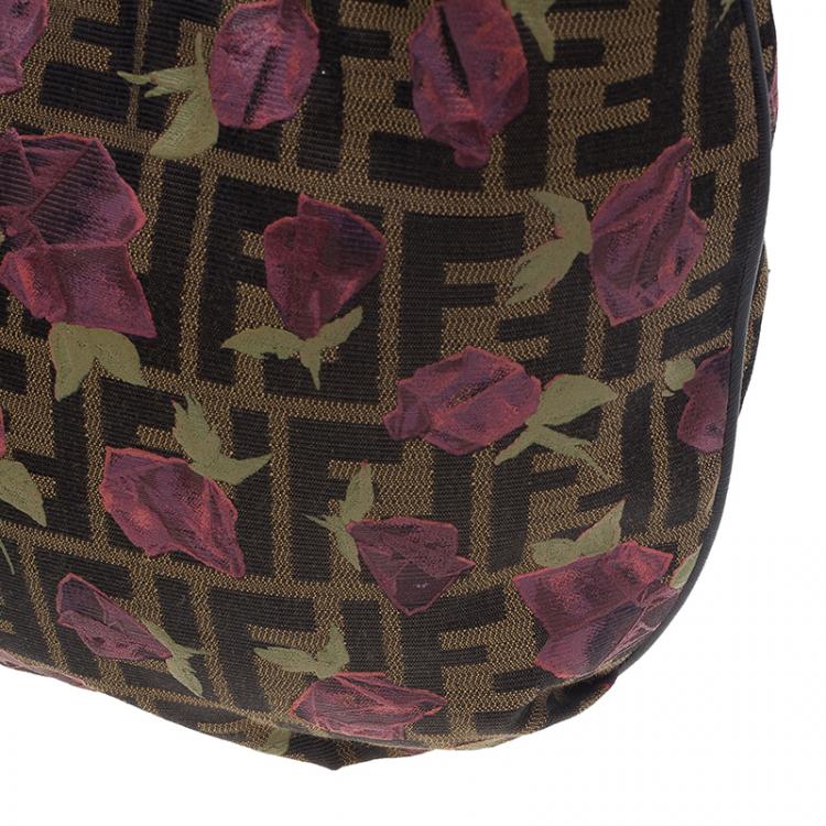 Pre Owned Fendi Brown Canvas Rose Print Zucca Chef Chain Hobo 