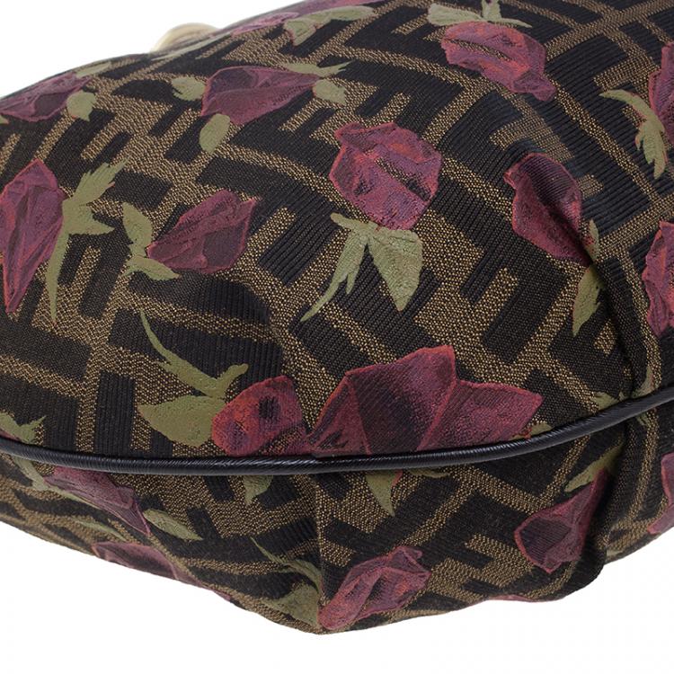 Pre Owned Fendi Brown Canvas Rose Print Zucca Chef Chain Hobo 