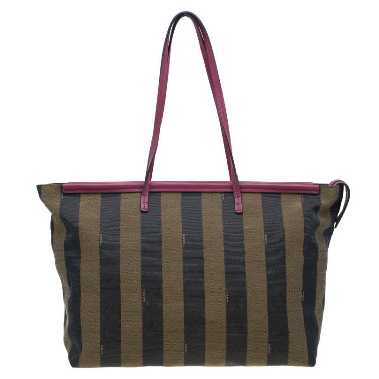 Pre Owned Fendi Tobacco Canvas Pequin Stripe Roll Tote