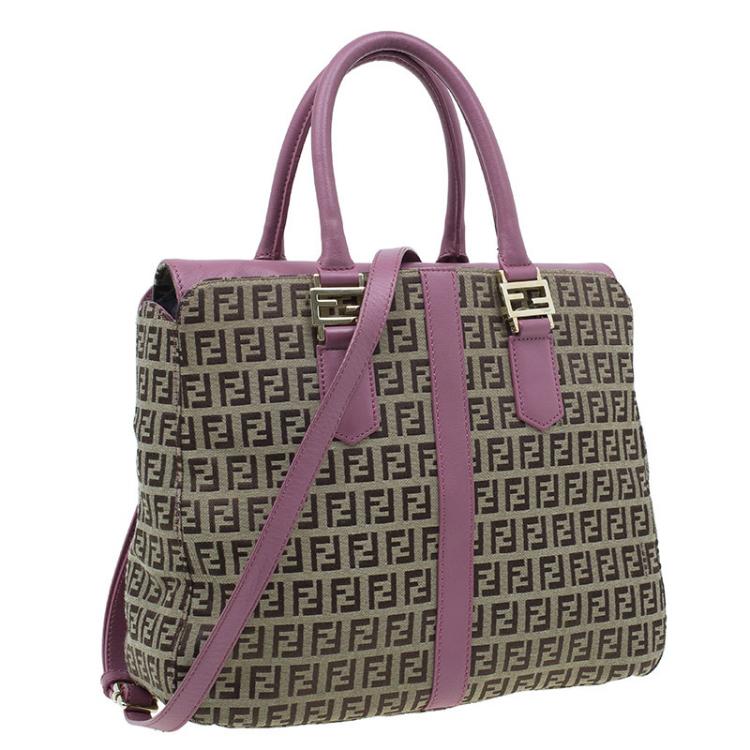 Pre Owned Fendi Brown Pink Zucchino Canvas Top Handle Crossbody Bag