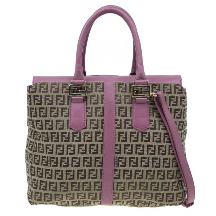 Pre Owned Fendi Brown Pink Zucchino Canvas Top Handle Crossbody Bag