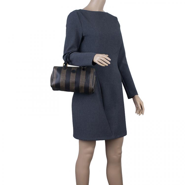Pre Owned Fendi Black Pequin Tote Boston Bag