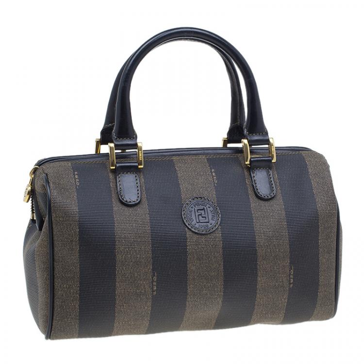 Pre Owned Fendi Black Pequin Tote Boston Bag