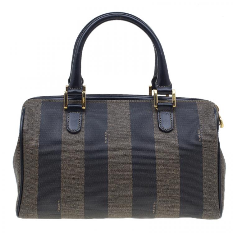 Pre Owned Fendi Black Pequin Tote Boston Bag