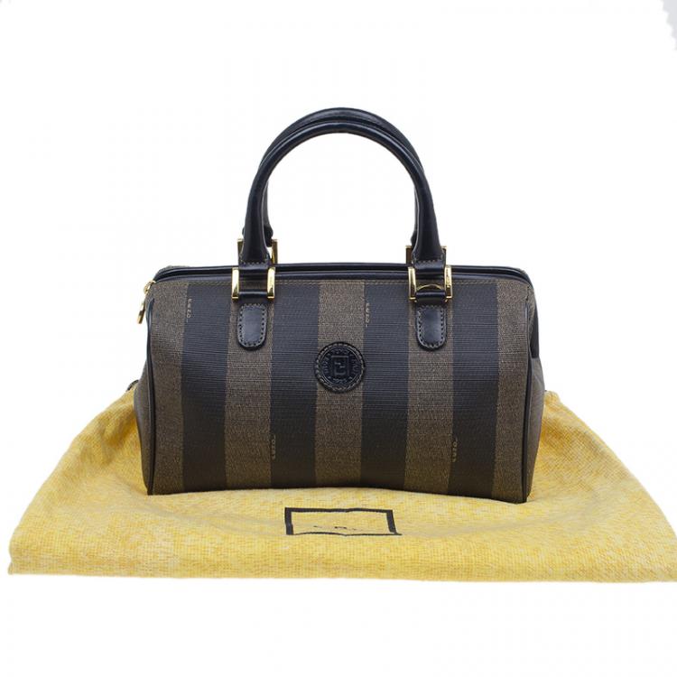 Pre Owned Fendi Black Pequin Tote Boston Bag