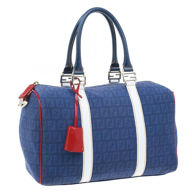 Pre Owned Fendi Blue Zucchino Canvas Forever Bauletto Boston Bag