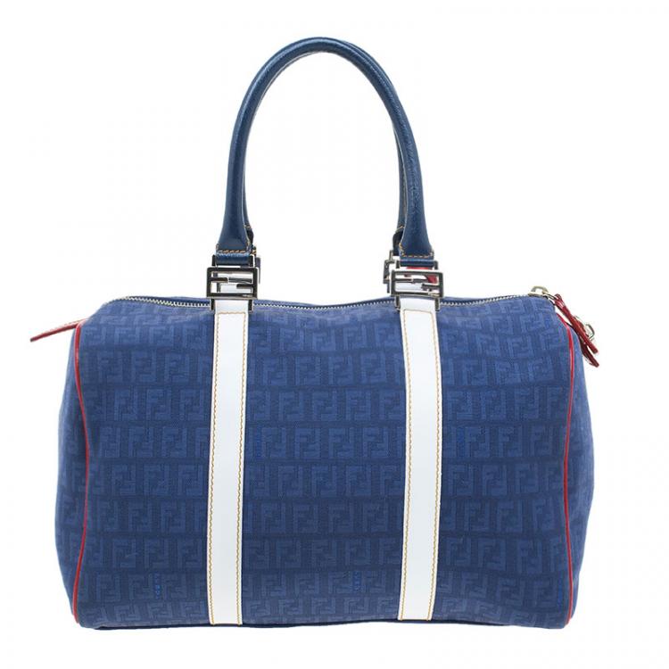 Pre Owned Fendi Blue Zucchino Canvas Forever Bauletto Boston Bag