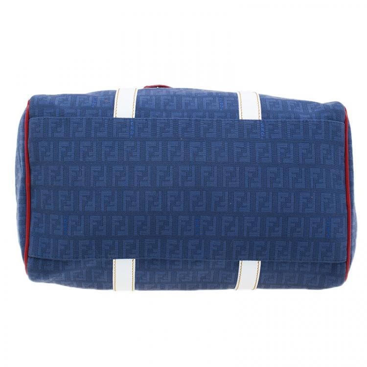 Pre Owned Fendi Blue Zucchino Canvas Forever Bauletto Boston Bag