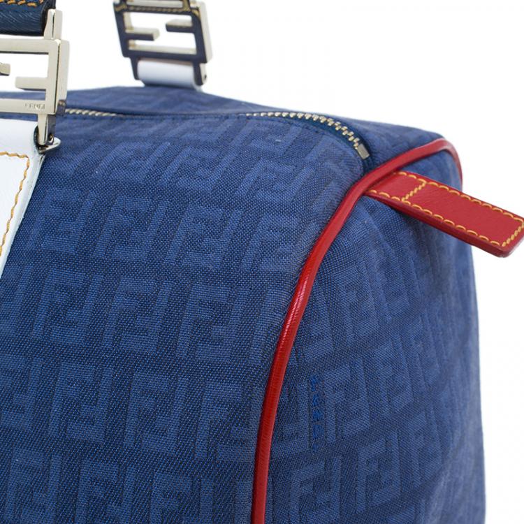 Pre Owned Fendi Blue Zucchino Canvas Forever Bauletto Boston Bag
