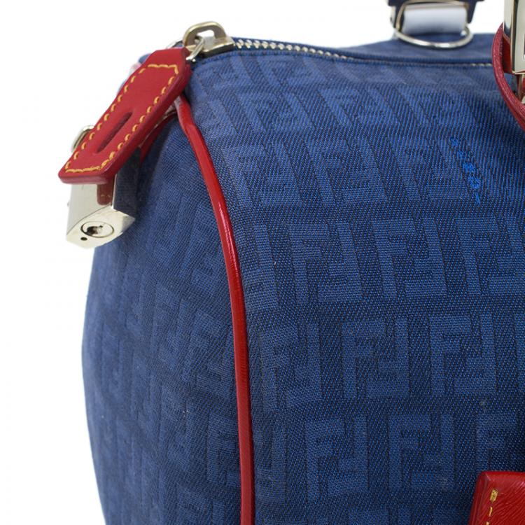 Pre Owned Fendi Blue Zucchino Canvas Forever Bauletto Boston Bag