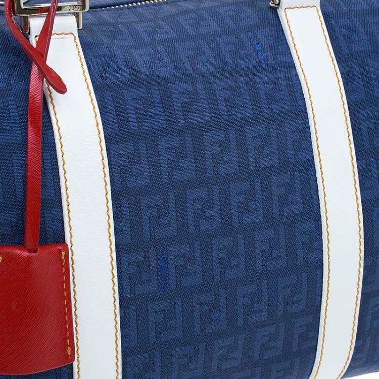 Pre Owned Fendi Blue Zucchino Canvas Forever Bauletto Boston Bag