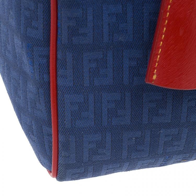 Pre Owned Fendi Blue Zucchino Canvas Forever Bauletto Boston Bag
