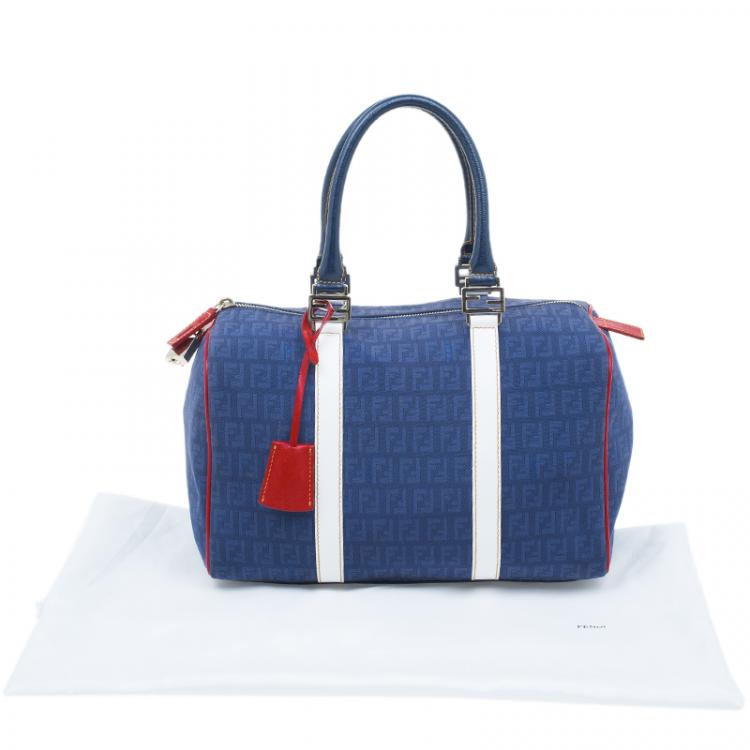 Pre Owned Fendi Blue Zucchino Canvas Forever Bauletto Boston Bag