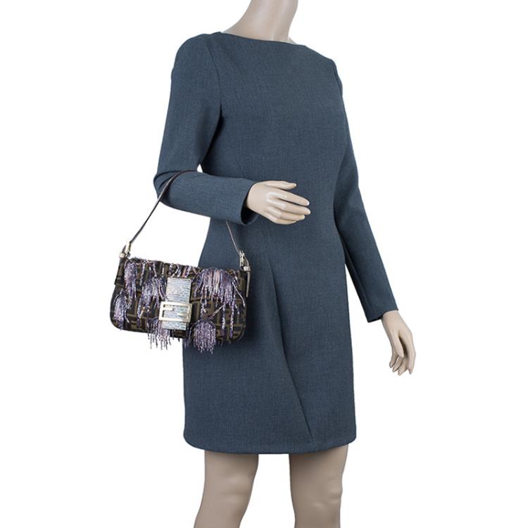 Pre Owned Fendi Zucca Python and Canvas Baguette Beads Shoulder Bag 