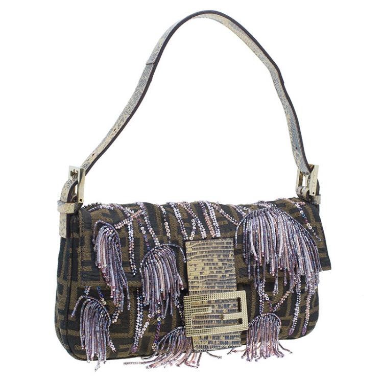Pre Owned Fendi Zucca Python and Canvas Baguette Beads Shoulder Bag 