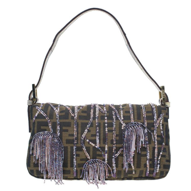 Pre Owned Fendi Zucca Python and Canvas Baguette Beads Shoulder Bag 